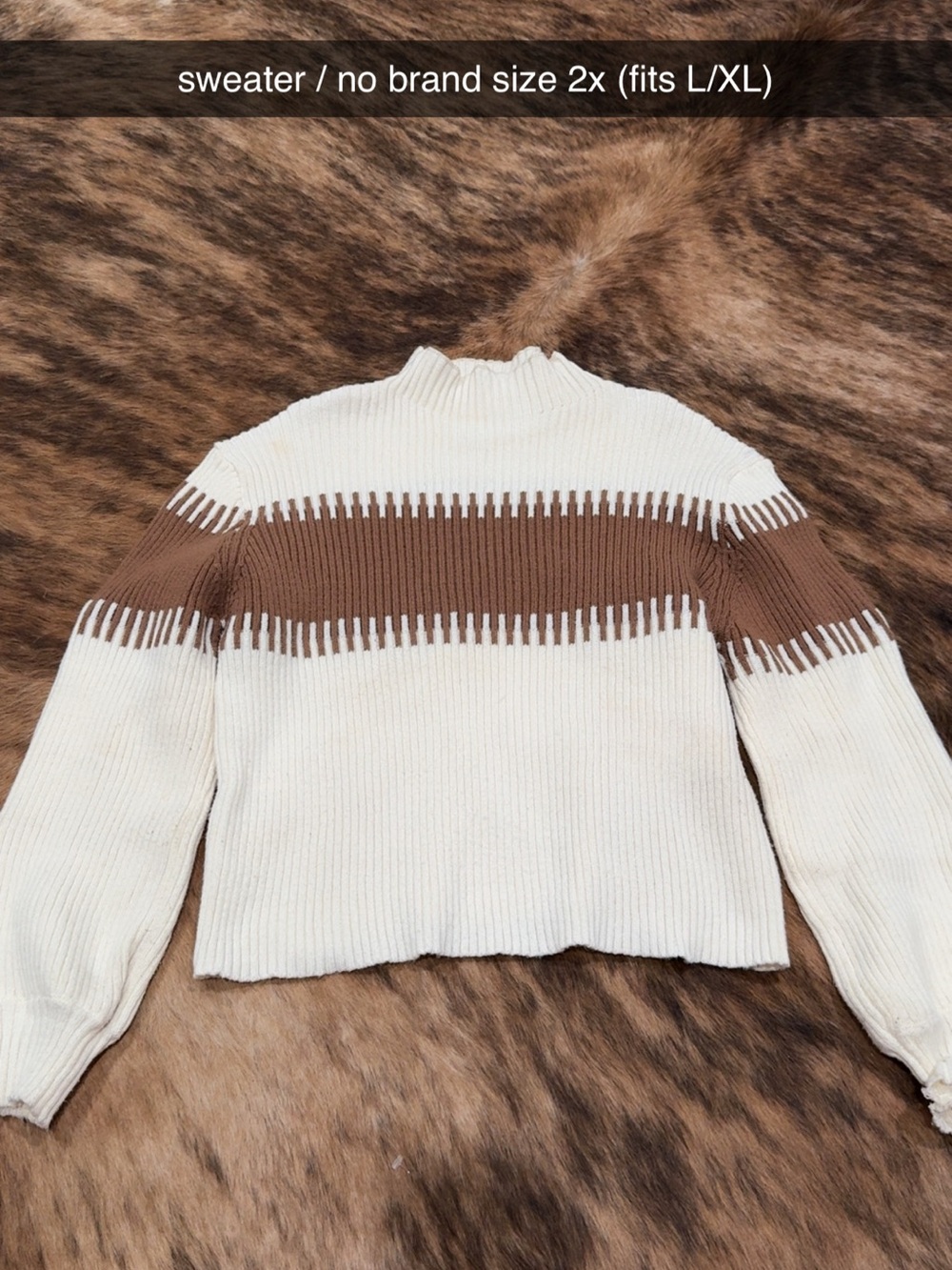 Cream & Brown Striped Mock Neck Sweater - No Brand